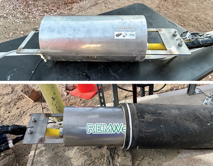 A metal cylinder-shaped sonolysis reactor fits into a horizontal well underground. A long cord connects the device to an electrical outlet.