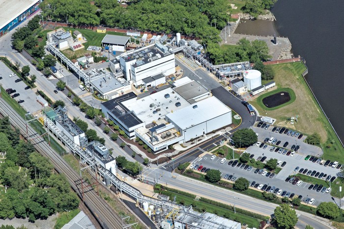 An aerial view of a pharmaceutical chemical plant.