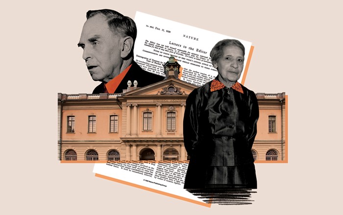 A collage of Meitner’s Nature article, the Nobel Prize Museum in Stockholm, and photos of Lise Meitner and Otto Hahn.