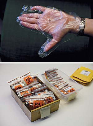 A hand holding a baby tooth next to a photo of boxes with baby teeth samples stored in plastic bags.