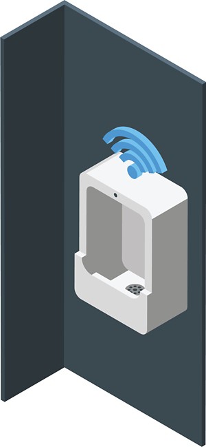 A 3D illustration shows a urinal with a Wi-Fi signal emerging from the top.