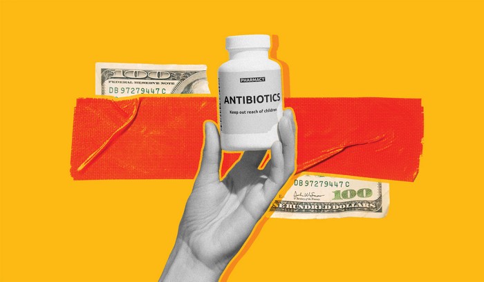 A conceptual illustration with orange tape over a yellow background, a $100 bill ripped in two, and a hand holding a bottle of antibiotics.