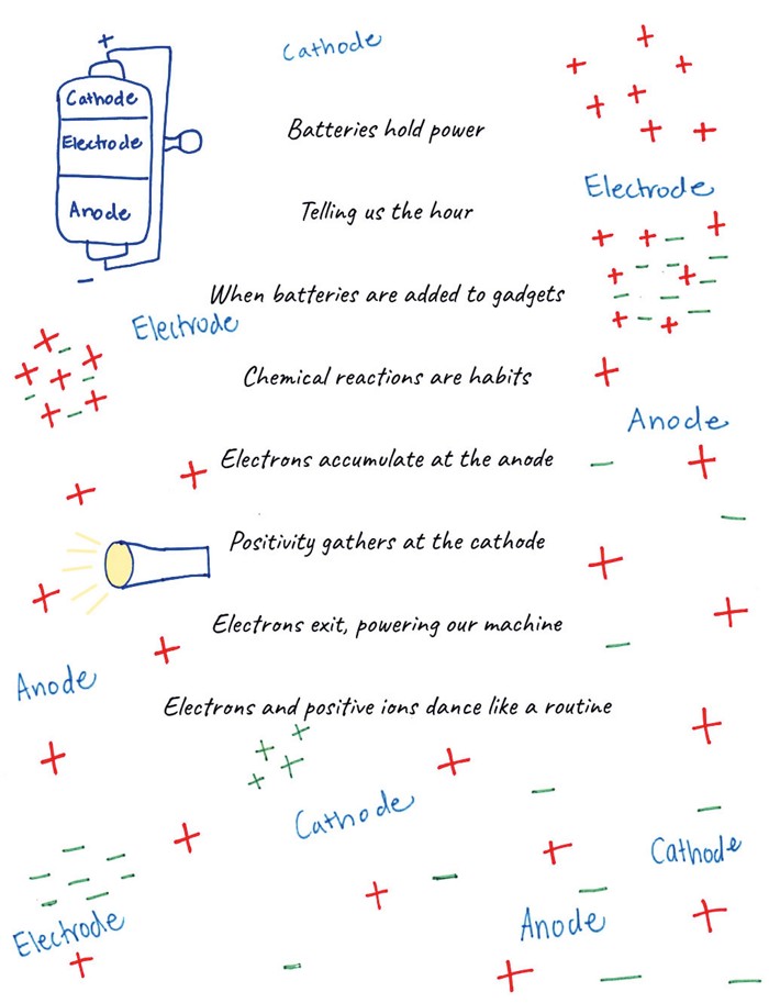 A poem about batteries accompanied by illustrations of batteries and positive and negative symbols.