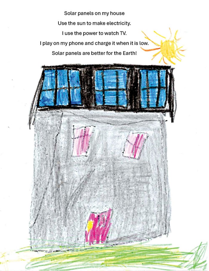 A poem about solar panels accompanied by an illustration of a house with solar panels on the roof.