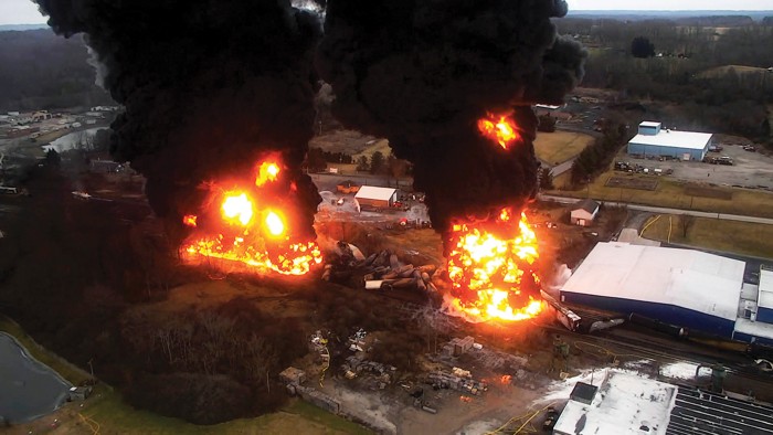 Fire engulfs derailed train cars in East Palestine, Ohio.