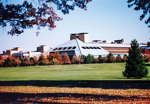 A black and white image of an office building