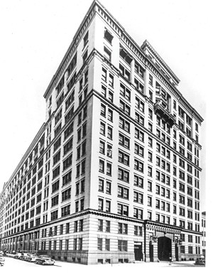 On the left, a high-rise building next to a train line in New York City during the 1930s. On the right, a pyramid-shaped building with a large lawn.