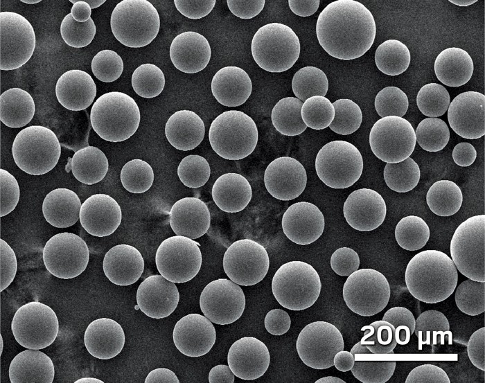 Black-and-white scanning electron micrsocope image shows spherical particles.