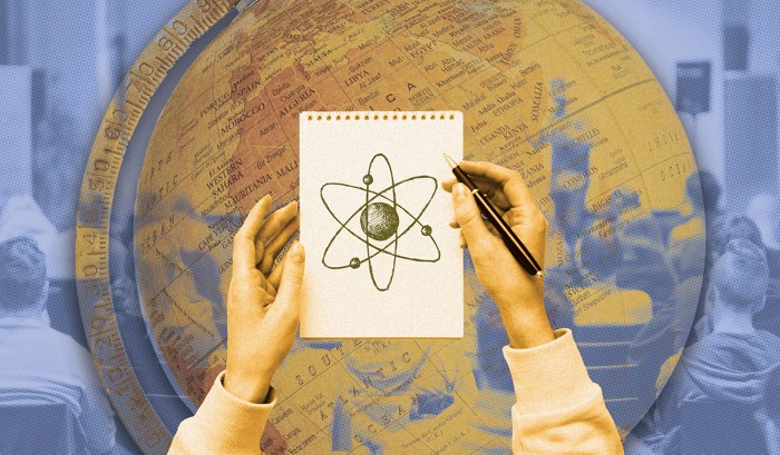 Collage featuring a classroom, a globe, and a notebook with a drawing of an atom.