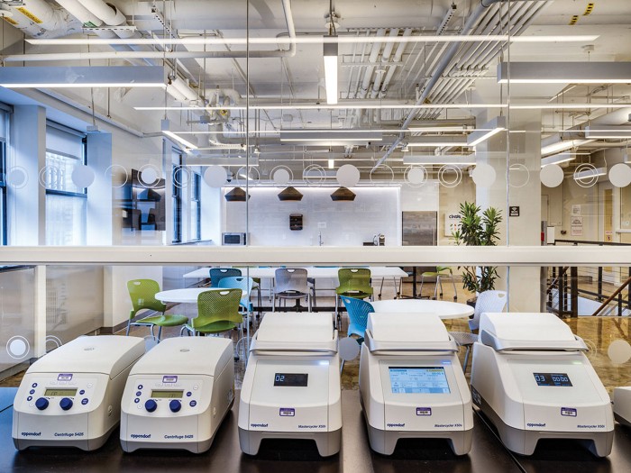 A row of centrifuges in one of the lab spaces at BioLabs in New York City. 