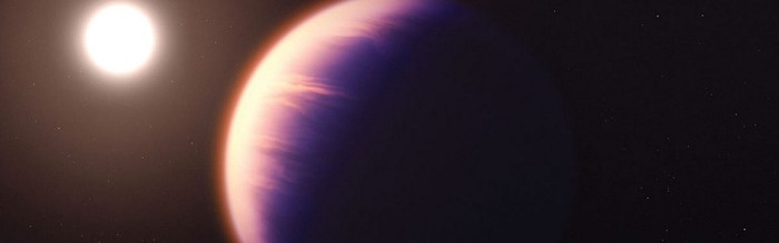 An illustration of a purple planet with light-colored streaks across it against a dark starry sky; in the distance of the sky, a white glowing circle is shown.