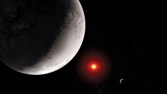 An artist's concept of a gray planet against a dark starry sky. Two other, smaller circles can also be seen in the sky; one is shrouded in darkness and the other is a fiery red.