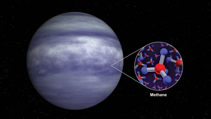 An artist's rendering of a blue planet. A cutout shows a close-up look at ball-and-stick molecules of methane.