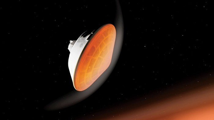 Computer rendering of a dish-shaped object with a glowing orange surface floating in black space.