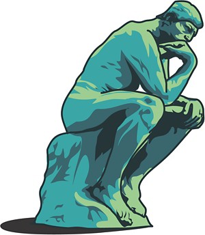 Illustration modeled after statue of The Thinker, with a man seated on a rock leaning forward, with one elbow on his knee and his chin resting on the hand that extends from the same arm. The illustration is colored in shades of blue and green.