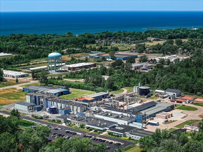 Aerial view of a pharmaceutical chemical plant.