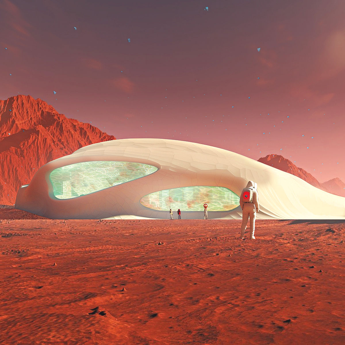 An artist's rendering of a Martian landscape. A white, curving habitat is in the background and an astronaut walks toward it, with their back facing the viewer.
