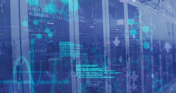 Chemical formulas and data processing overlayed onto a photo of some servers.