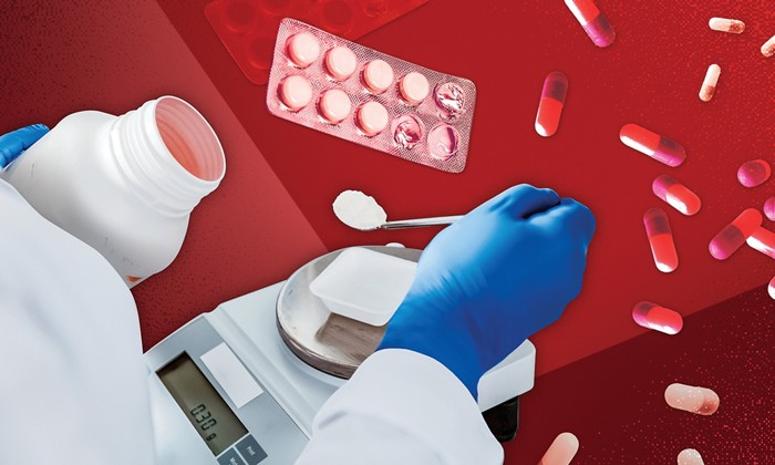 A collage shows a person in a lab coat and gloves measuring white powder onto an analytical balance. Some loose pills and blister packs of medicine are in the background.