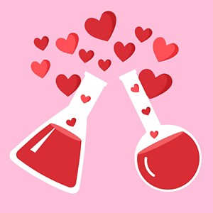 Illustration of two flasks with red hearts.