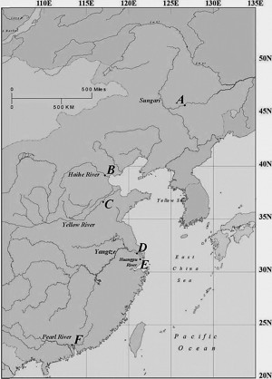 Map of eastern China showing rivers sampled in the study.