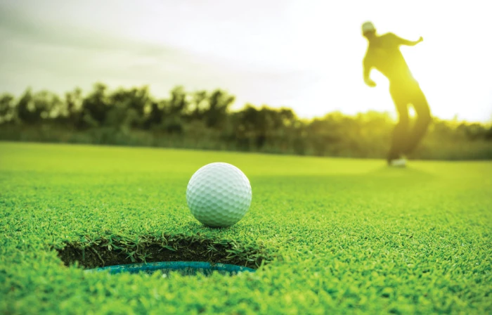 A photo of a golf ball on the green.