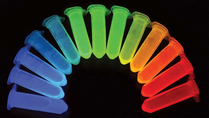 Thirteen vials arranged in a semi-circle against a black background. Each vial is a different color, and together they form a rainbow, with blue at the left end and red at the right end.
