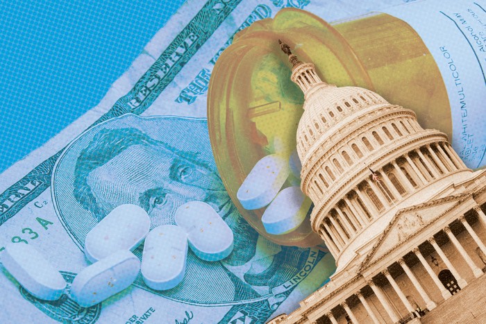 A digital collage of pills, a $5 bill, and the US House of Representatives.