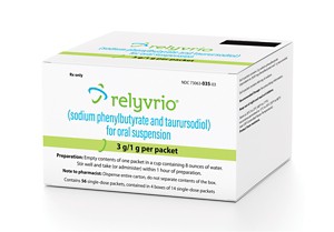 A white box labeled as containing Relyvrio as an oral suspension.