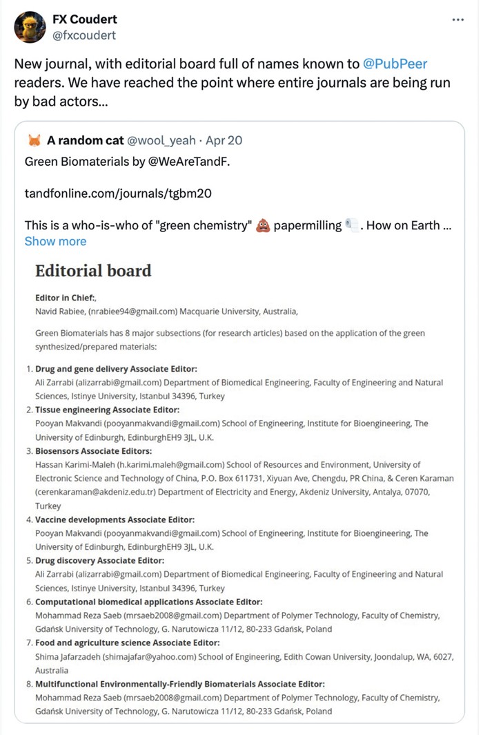A tweet saying "We have reached the point where entire journals are being run by bad actors . . .".