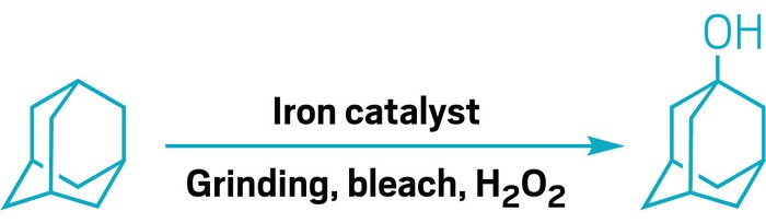 A polystyrene molecule gets a hydroxyl group added onto some of its carbons that bear a phenyl group. The reaction conditions involve an iron catalyst, mechanical grinding, bleach and hydrogen peroxide.