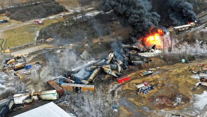 An aerial view of train cars derailed in East Palestine, Ohio.