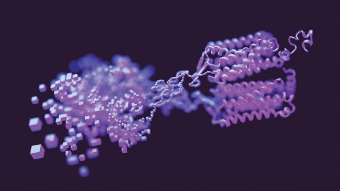 An illustration of an algorithm predicting a protein structure, with digitalized blocks on the left becoming ribbons on the right.