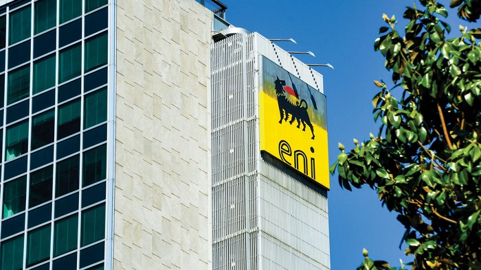 A headquarters building. It is modern and rectangular with an Eni logo on top.
