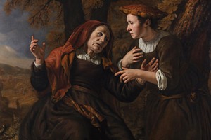 Two women talk to each other in a painting.