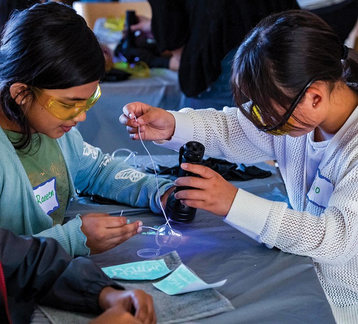 Two children in safety glasses look at beads under an ultraviolet flashlight.