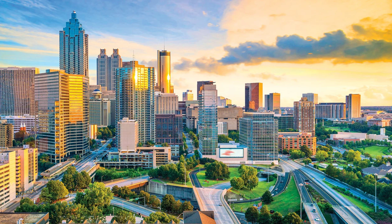 An aerial view of the Atlanta skyline.