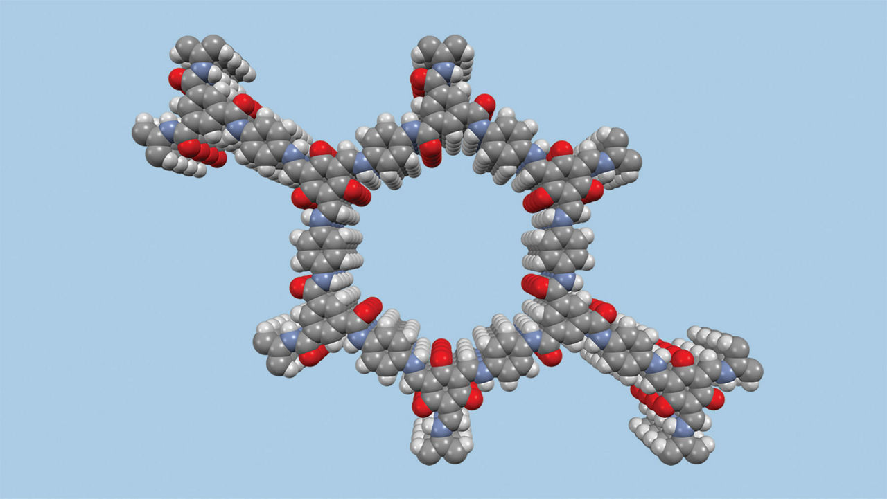 A 3D model of a covalent organic framework structure that includes identical stacked layers of atoms bonded together in a way that creates a material with large hexagonal pores.