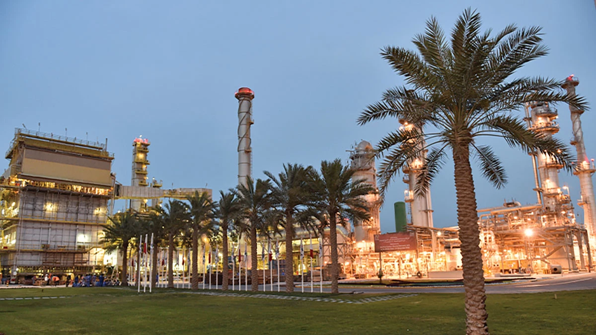 A petrochemical plant behind a stand of palm trees.