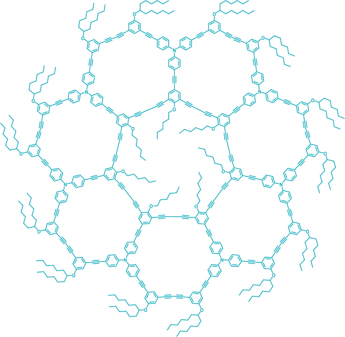 Line structure of a mostly carbon macromolecule made of seven large, six-sided rings fused to a central seven-sided ring. Each outer ring has about four alkyl chains connected to it. And the central ring has about seven rings dangling toward its center.