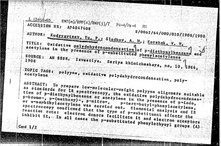 An image of a paper card describing a chemical synthesis.