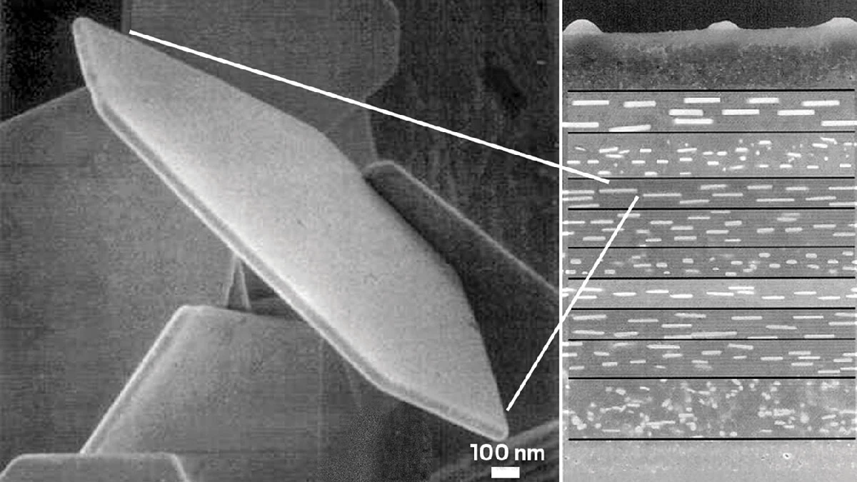 A micrograph of a hexagonal plate crystal roughly 1,300 nm in diameter next to a micrograph of a structure with 11 layers.