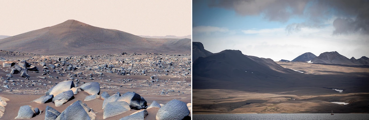 A slider allows the viewer to switch between two photos: a Martian landscape on the left and an Icelandic landscape on the right. Both images show similar brown hills in the background, and the foreground of the Mars image is rockier.