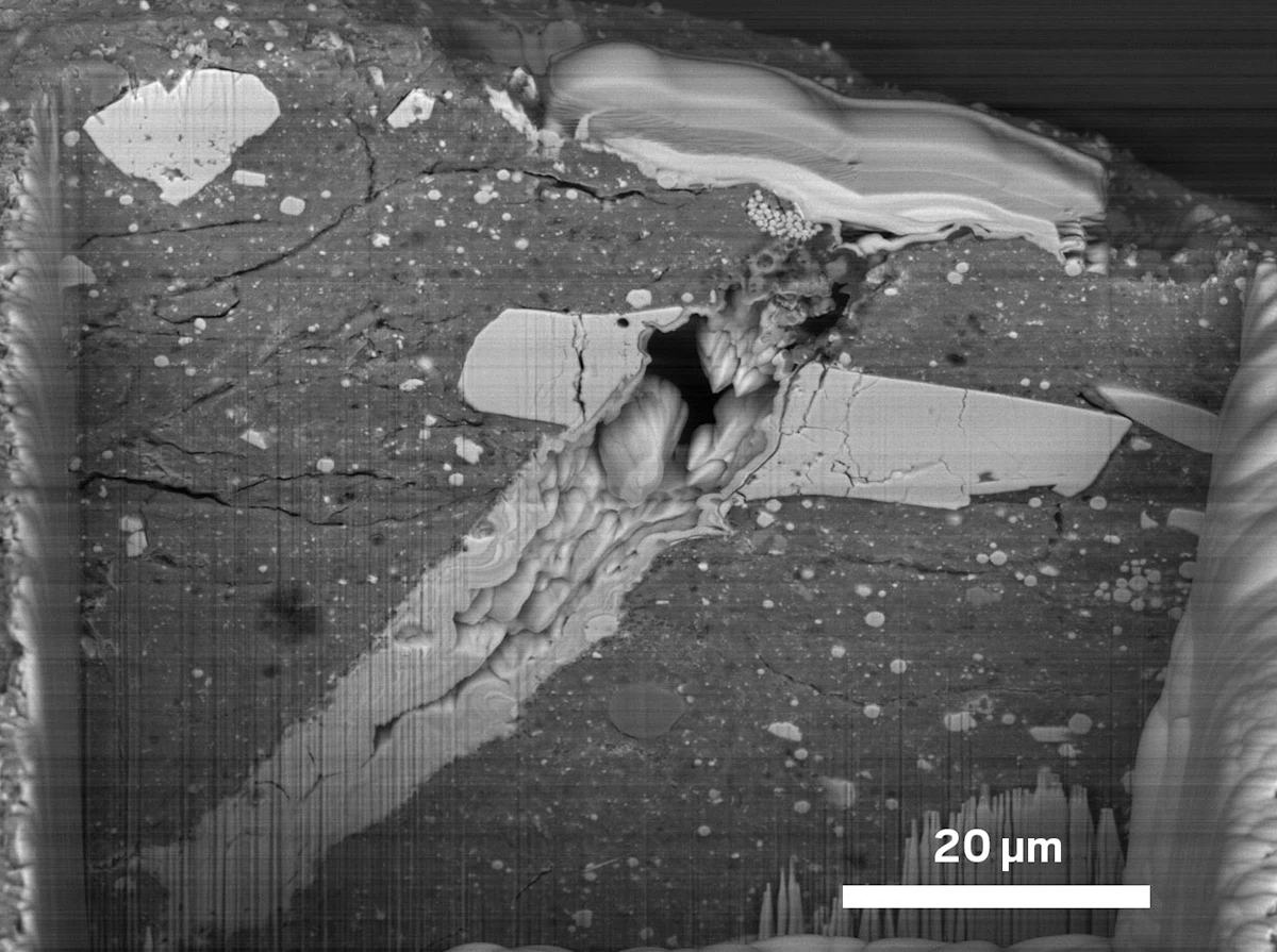 A grayscale image shows a bisected piece of dark gray rock containing light gray areas.