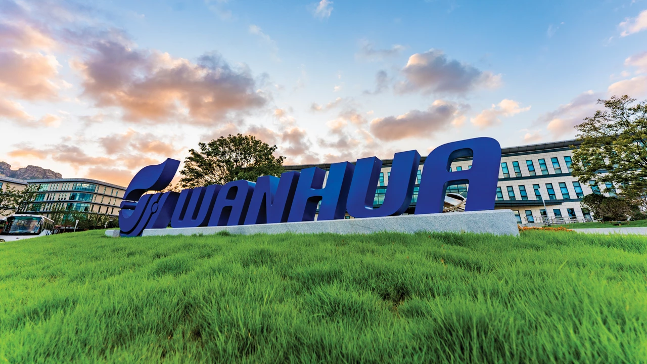 A blue Wanhua sign sits on a knoll of tall grass in front of an office building.