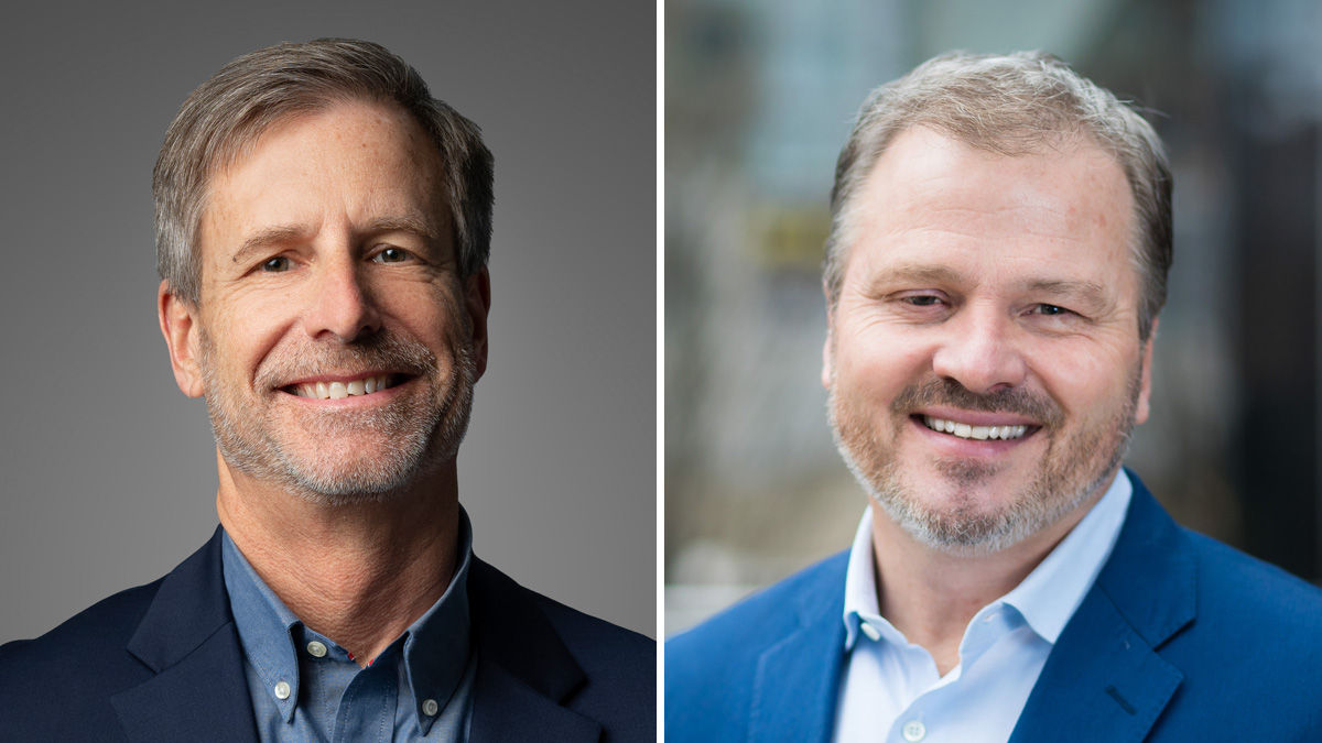Two photos placed side to side. In one, a person wears a dark suit jacket and blue shirt, in the other a person wears a light-blue shirt with the collar open and a blue jacket.