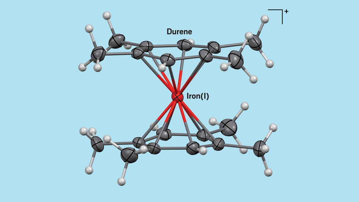 A 3D structure of a sandwich compound. Two aromatic ligands bind through their flat faces to an iron center in the +1 oxidation state.