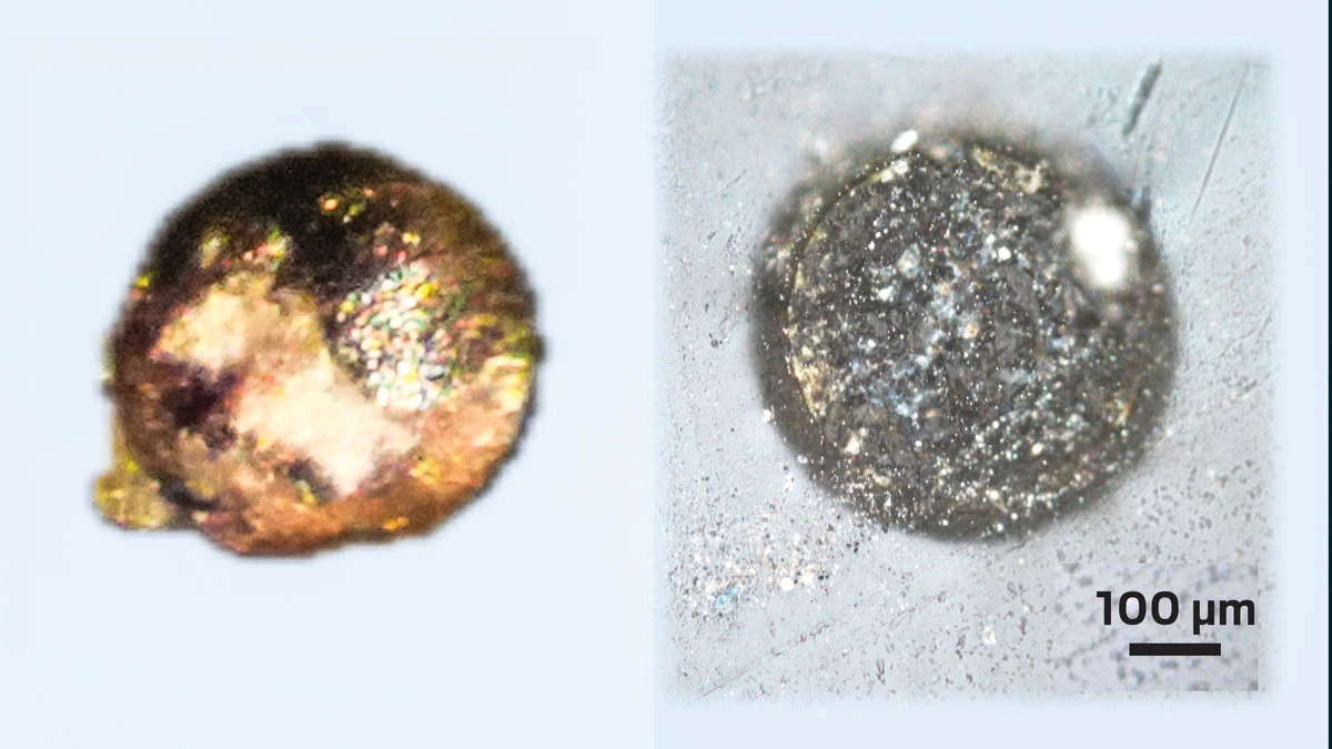 Spherical brown particle on the left; shiny metallic round surface on the right.