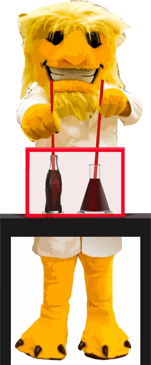 A yellow monster wearing a labcoat taste tests two cola formulations.