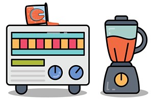 上にこぼれたサーモンスムージーと、サーモンスムージーが並んでいるブレンダーを備えた質量分析計の漫画。